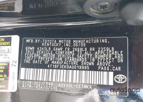 2010 Toyota Camry Le from USA, damaged, VIN 4T1BF3EK0AU019995